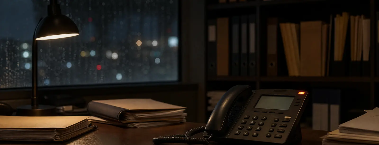 A law office at night with nobody in it: a desk lamp on, case files stacked, rain on the window over city lights and a desk phone with its line light on.