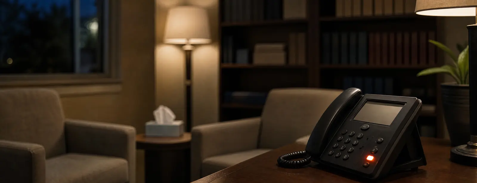 A quiet family law office in the evening: two empty armchairs, a box of tissues on a side table, lamp light and a desk phone with its red line light on.