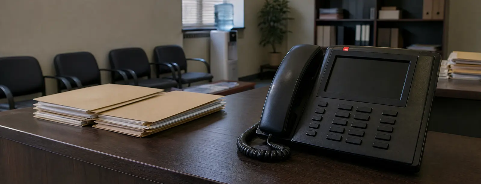 An immigration law office early in the morning: an empty waiting area with chairs and a water cooler, folders on the front desk and a desk phone with its red line light on.