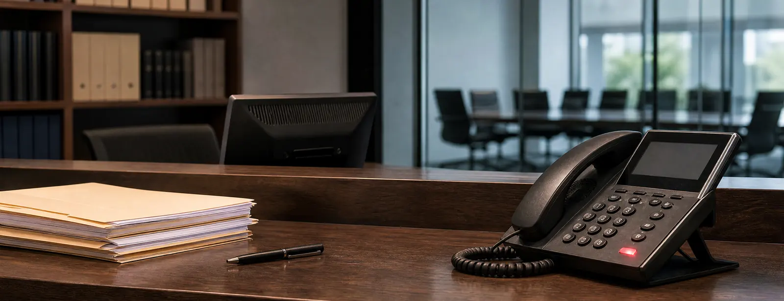 A law firm front desk with nobody at it: a stack of intake folders, a pen and a desk phone with its red line light on, an empty glass conference room behind.