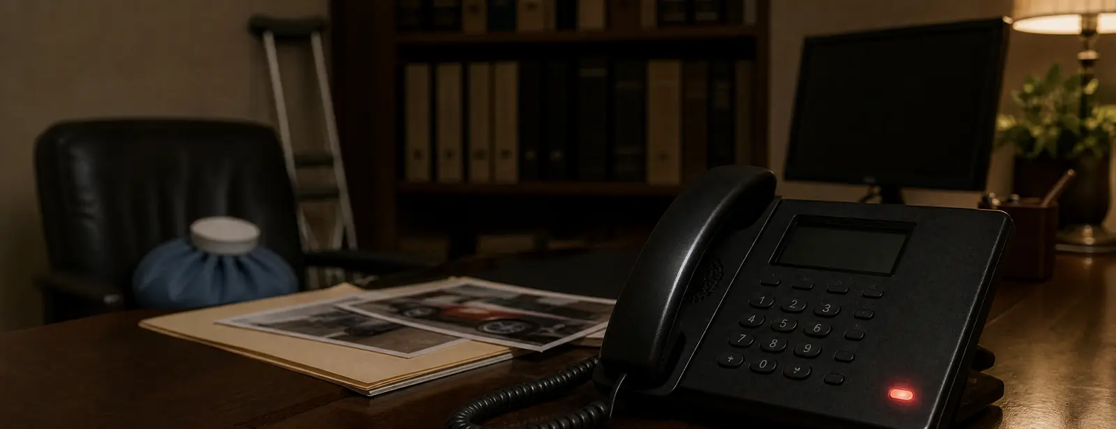 A personal injury law office with nobody in it: a desk phone with its red line light on beside a folder of car accident photos, an ice pack on the client chair and a crutch against the wall.