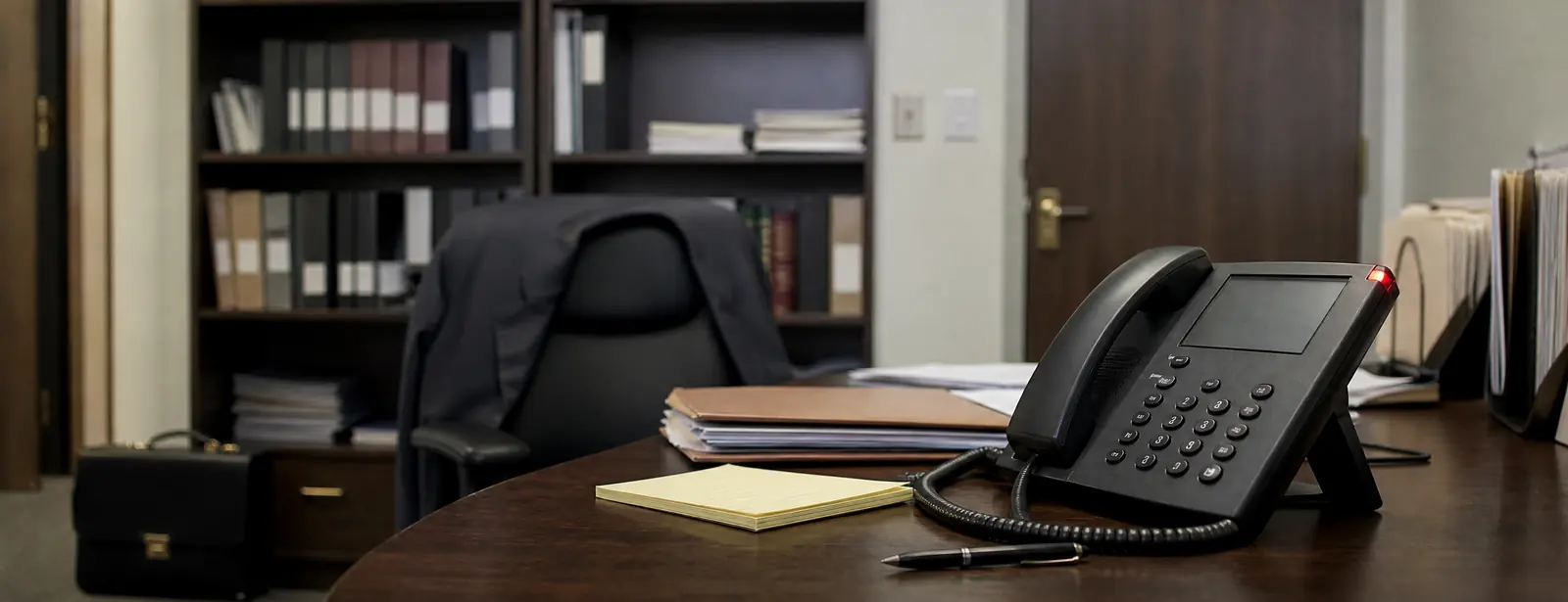 A solo attorney's office just after she left for court: a suit jacket on the empty chair, a briefcase by the door, binders on the shelves and a desk phone with its red line light on.