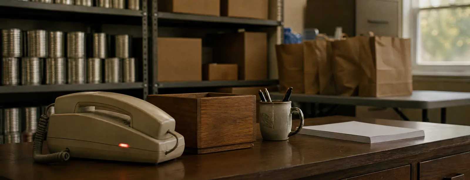 A beige desk phone ringing on a wooden desk in a church food pantry office, a plain donation box beside it and shelves of canned goods behind.