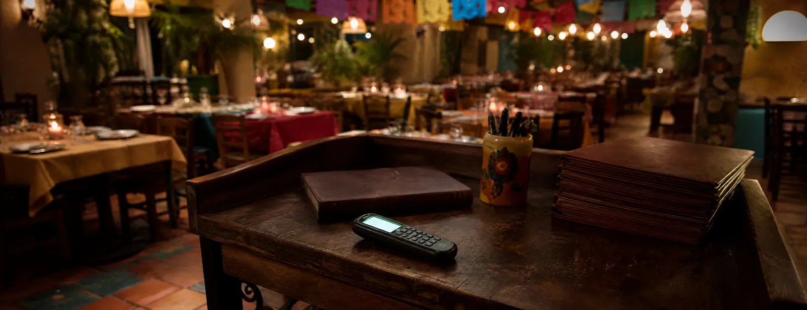 Host stand of a full Mexican restaurant at night: a cordless phone lit up beside the reservation book, and candlelit tables set under papel picado.