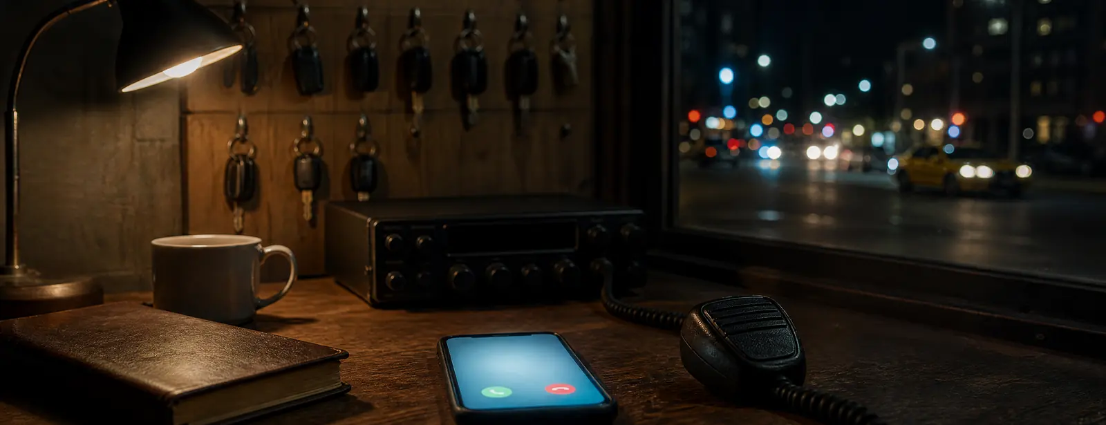 A smartphone ringing on the desk of a small taxi dispatch office at night, a radio microphone beside it, car keys on hooks and a dark street outside.