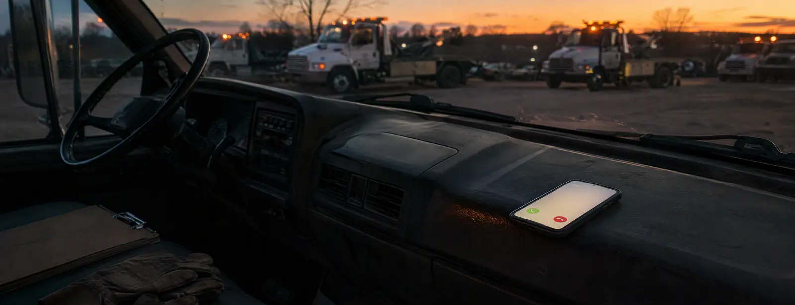 A smartphone ringing on the dashboard of an empty tow truck at dusk, work gloves on the seat and other tow trucks parked in the yard outside.