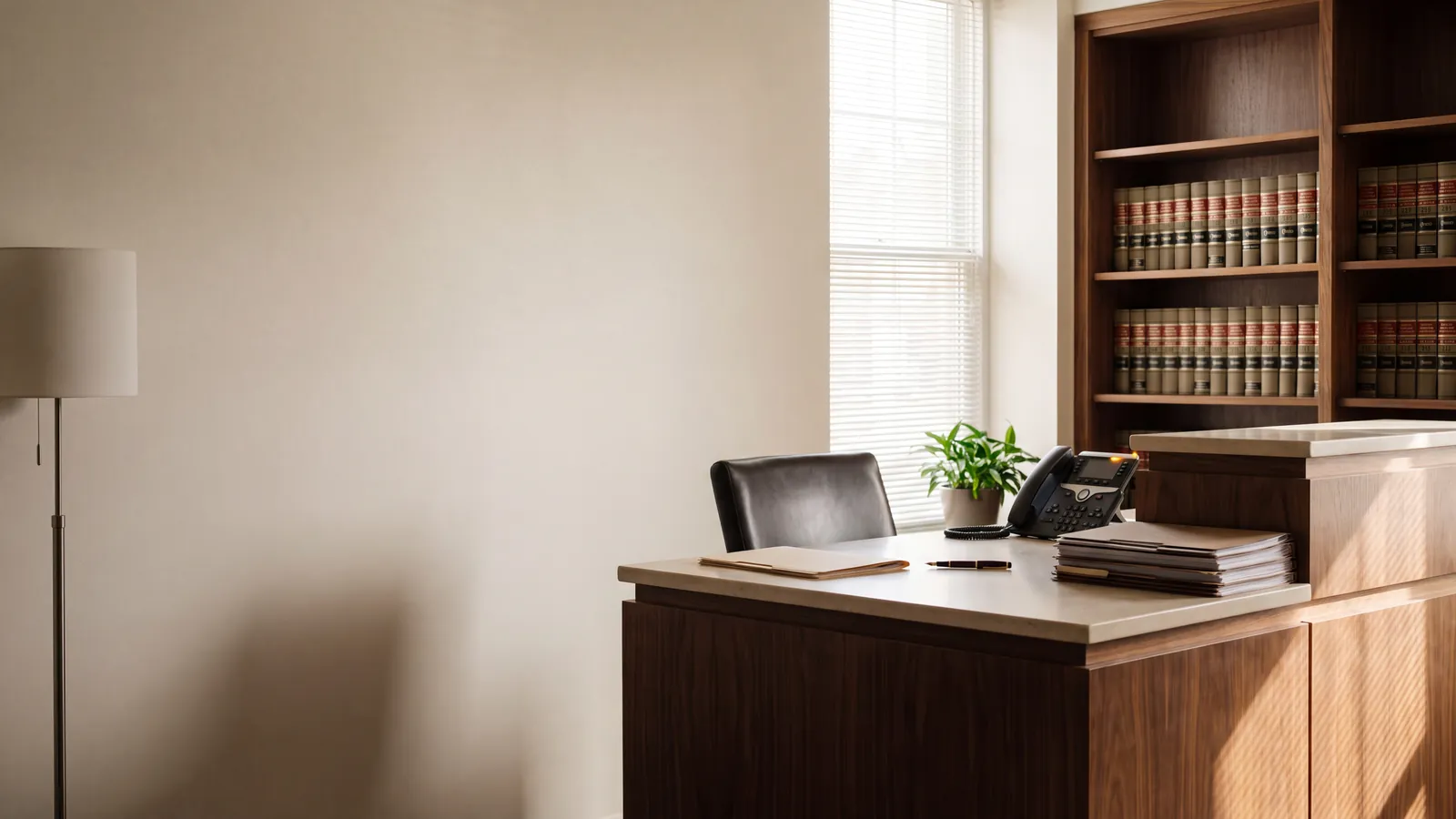 The front desk of a small law office in mid-morning light, with an empty chair and a desk phone lit up with an incoming call
