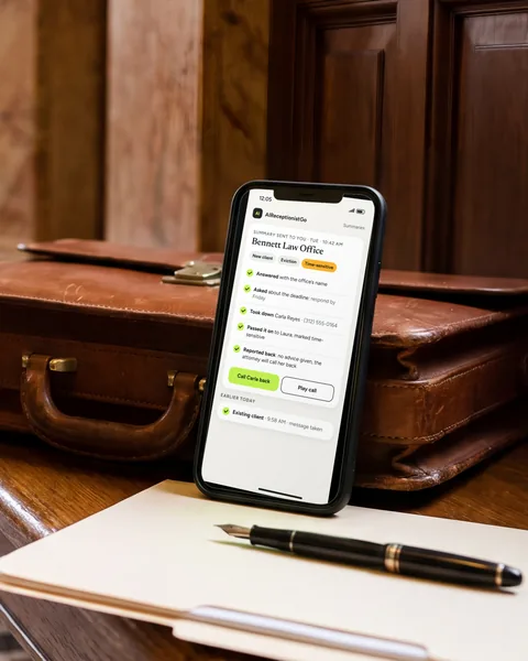 A phone showing the call summary Laura gets after court: Bennett Law, new client, time-sensitive, with the call answered, the questions asked, the details taken down, passed on and reported